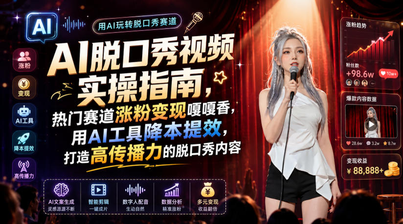 AI脱口秀视频实操指南，热门赛道涨粉变现嘎嘎香，用AI工具降本提效，打造高传播力的脱口秀内容-985网创
