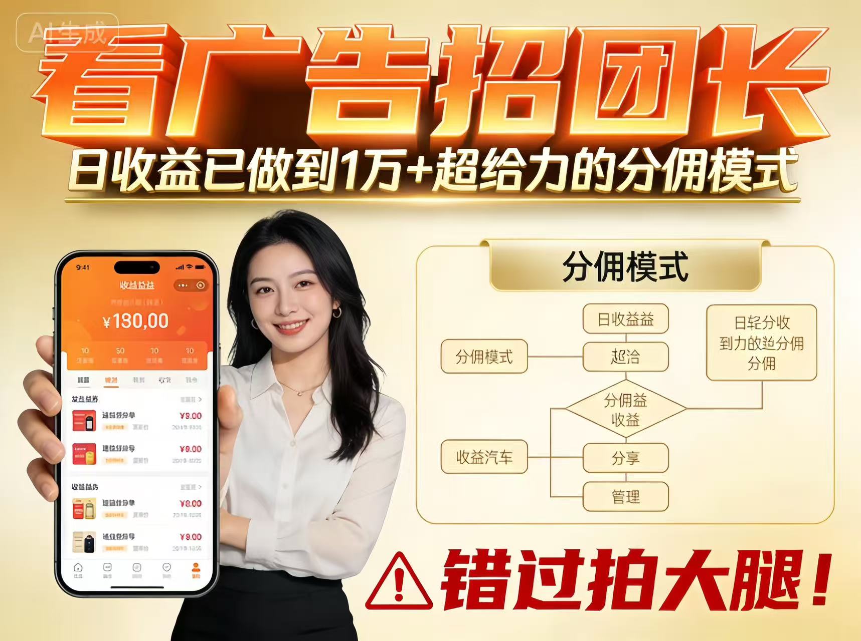 看广告招团长，团队收益已做到日入1万，分佣模式超给力，错过拍大腿-985网创