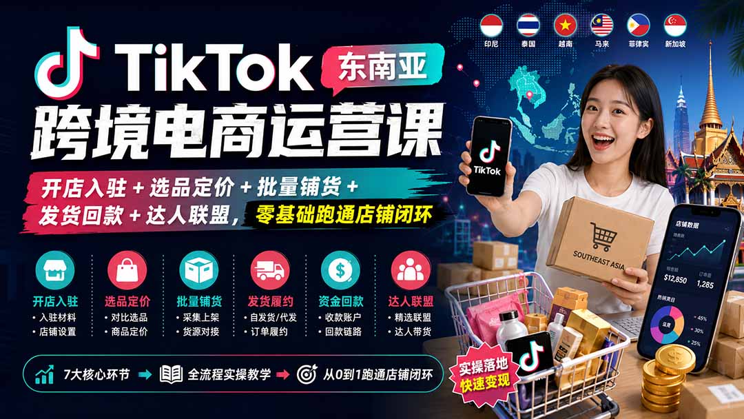 TikTok东南亚跨境电商运营课：开店入驻+选品定价+批量铺货+发货回款+达人联盟，零基础跑通店铺闭环-985网创