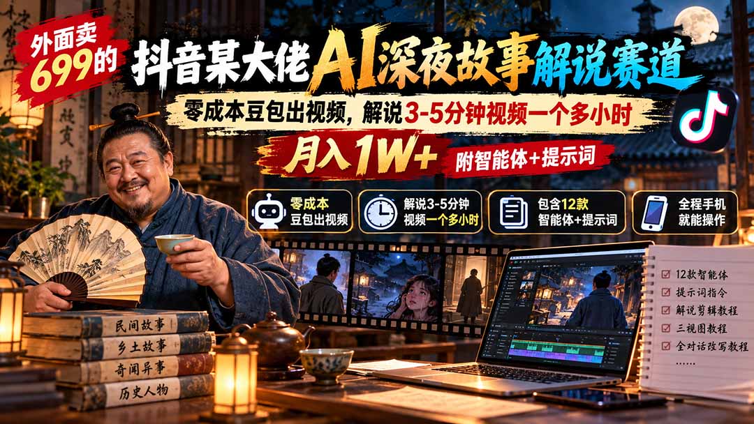 外面卖699抖音某大佬AI深夜故事解说赛道-更新：0成本豆包出视频+解说3-5分钟视频一个多小时，月入1W+附智能体+提示词-985网创