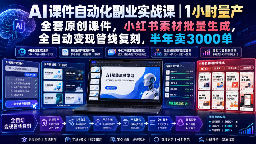 AI课件自动化副业实战课｜1小时量产全套原创课件，小红书素材批量生成，全自动变现管线复刻，半年卖3000单-985网创