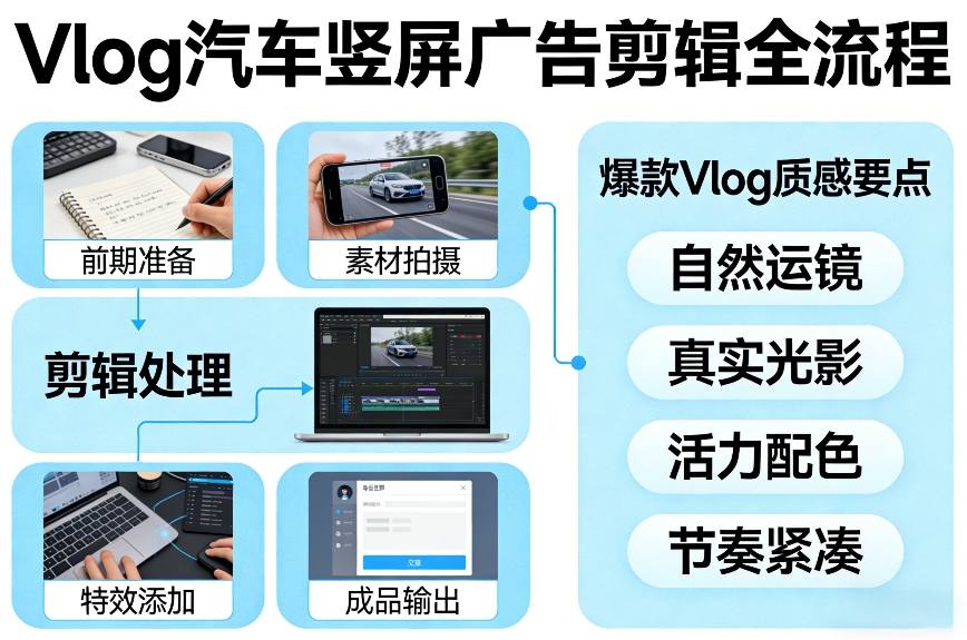 Vlog感觉汽车竖屏广告剪辑脚本全流程，拿捏爆款Vlog质感-985网创
