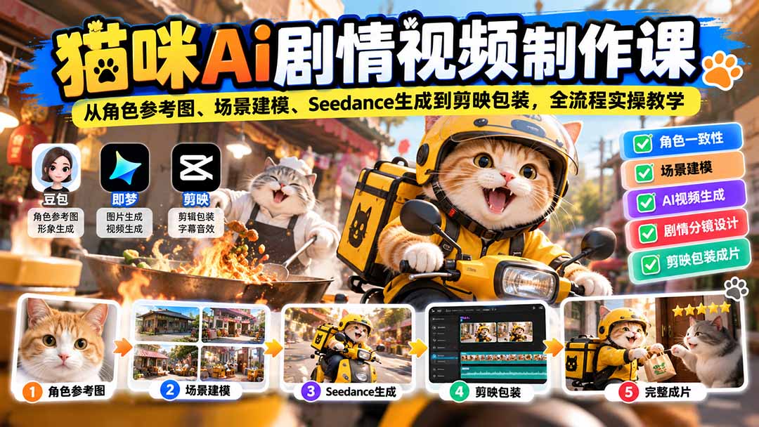 猫咪AI剧情视频制作课：从角色参考图、场景建模、Seedance生成到剪映包装，全流程实操教学-985网创
