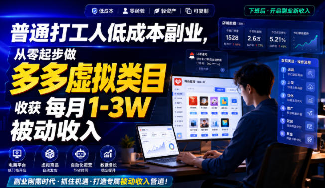 普通打工人低成本副业，从零起步做多多虚拟类目，收获每月1-3W被动收入【揭秘】-985网创