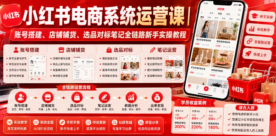 小红书电商系统运营课｜账号搭建、店铺铺货、选品对标笔记全链路新手实操教程-985网创