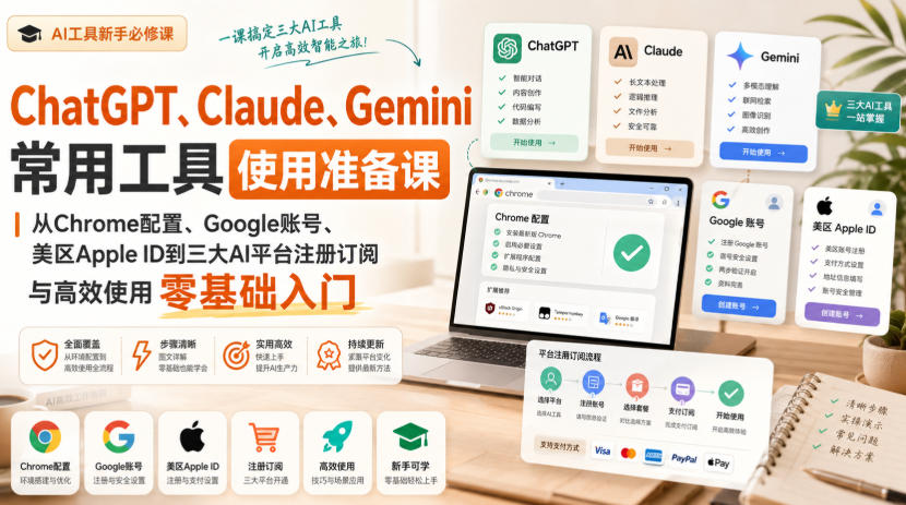 ChatGPT、Claude、Gemini常用工具使用准备课｜从Chrome配置、Google账号、美区Apple ID到三大AI平台注册订阅与高效使用零基础入门-985网创