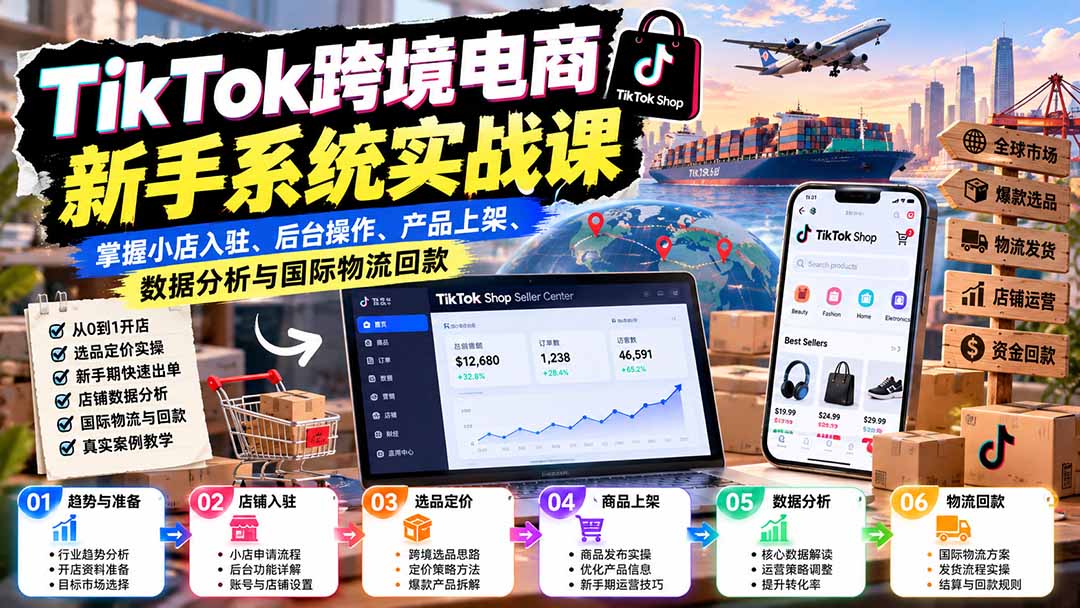 TikTok跨境电商新手系统实战课：掌握小店入驻、后台操作、产品上架、数据分析与国际物流回款-985网创