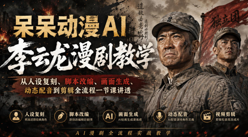 呆呆动漫AI李云龙漫剧教学，从人设复刻、脚本改编、画面生成、动态配音到剪辑全流程一节课讲透-985网创