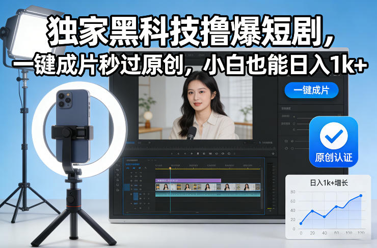 独家黑科技撸爆短剧，一键成片秒过原创，小白也能日入1k+【揭秘】-985网创