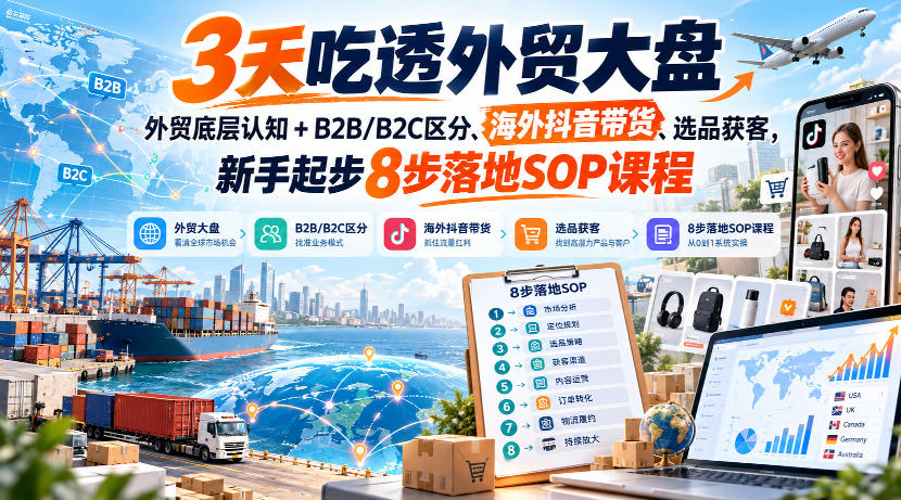 3天吃透外贸大盘，外贸底层认知+B2B/B2C区分、海外抖音带货、选品获客，新手起步8步落地SOP课程-985网创