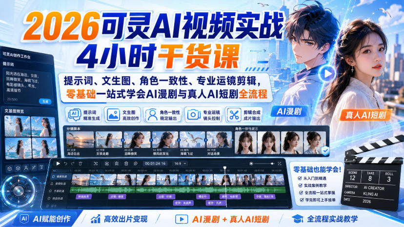 2026可灵AI视频实战4小时干货课｜提示词、文生图、角色一致性、专业运镜剪辑，零基础一站式学会AI漫剧与真人AI短剧全流程-985网创