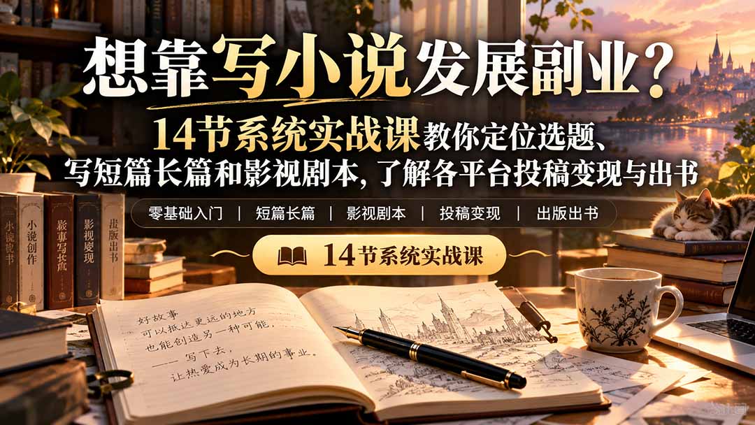 【无水印】想靠写小说发展副业？14节系统实战课教你定位选题、写短篇长篇和影视剧本，了解各平台投稿变现与出书-985网创