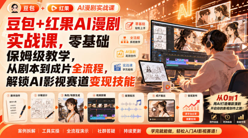 豆包+红果AI漫剧实战课，零基础保姆级教学，从剧本到成片全流程，解锁AI影视赛道变现技能-985网创