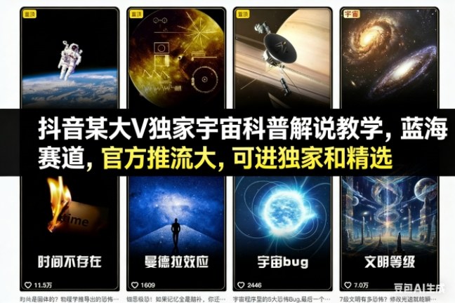 抖音某大V独家宇宙科普解说教学，蓝海赛道，官方推流大，可进独家和精选-985网创