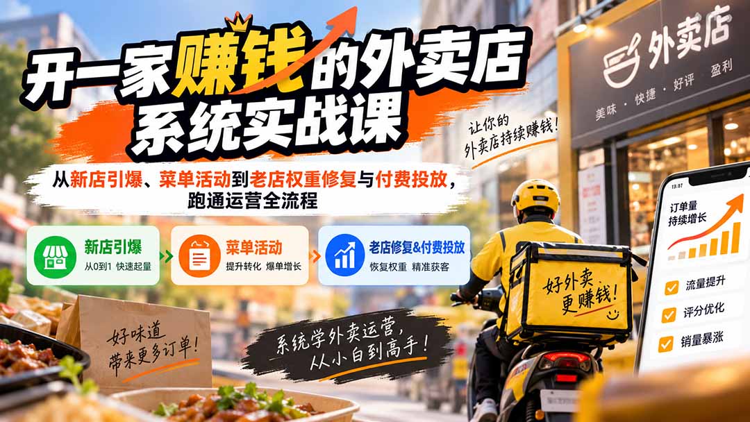 开一家赚钱的外卖店系统实战课：从新店引爆、菜单活动到老店权重修复与付费投放，跑通运营全流程-985网创