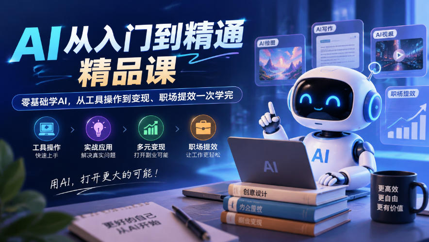 AI从入门到精通精品课，零基础学AI，从工具操作到变现、职场提效一次学完-985网创