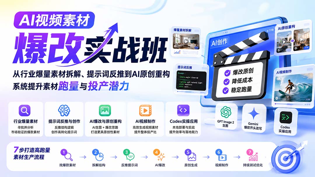 AI视频素材爆改实战班-更新8月：从行业爆量素材拆解、提示词反推到AI原创重构，系统提升素材跑量与投产潜力-985网创
