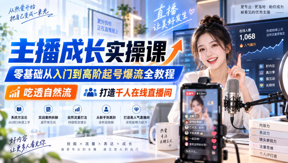 主播成长实操课｜零基础从入门到高阶起号爆流全教程，吃透自然流，打造千人在线直播间-985网创