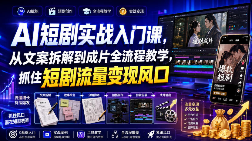 AI短剧实战入门课，从文案拆解到成片全流程教学，抓住短剧流量变现风口-985网创