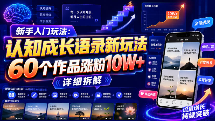 新手入门玩法：认知成长语录新玩法，60个作品涨粉10W+，详细拆解-985网创