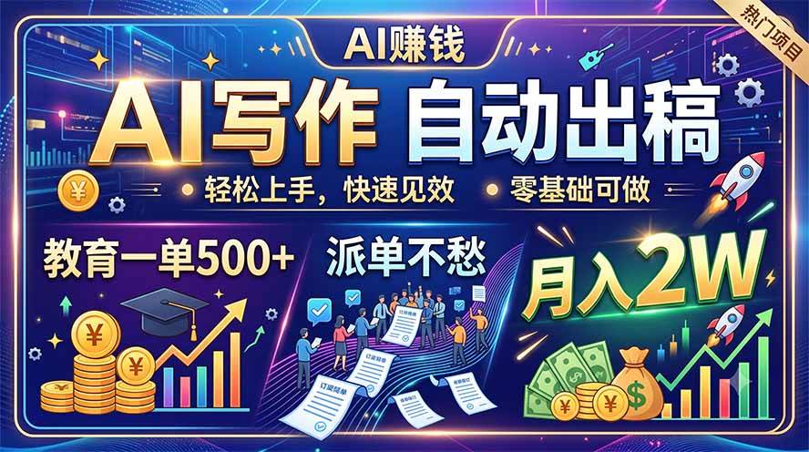 （19614期）AI写作自动出稿，教育一单500+，派单不愁，月入2W-985网创