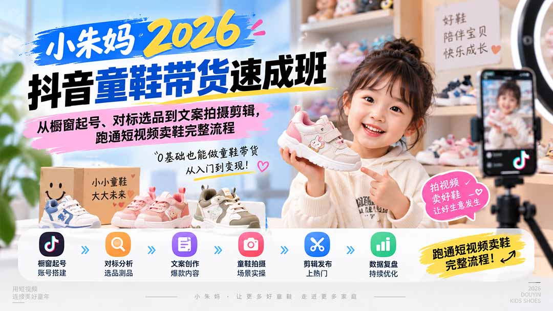 小朱妈2026抖音童鞋带货速成班：从橱窗起号、对标选品到文案拍摄剪辑，跑通短视频卖鞋完整流程-985网创