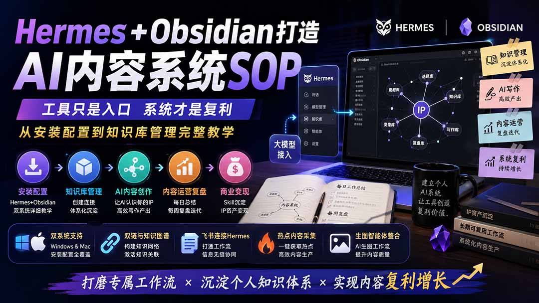 Hermes+Obsidian打造AI内容系统SOP；工具只是入口系统才是复利，从安装配置到知识库管理完整教学-985网创