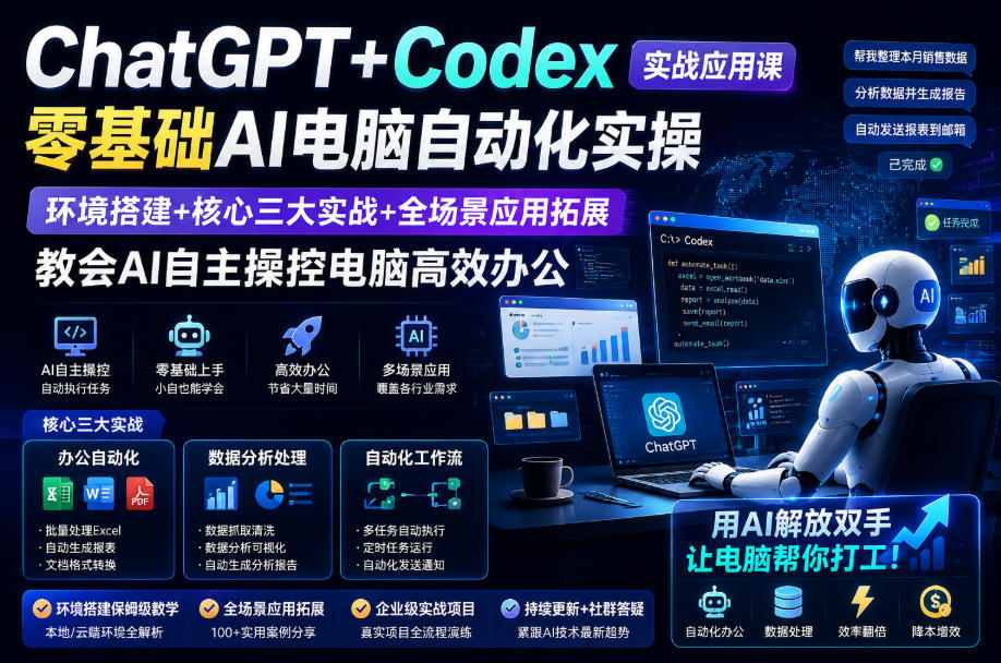ChatGPT+Codex实战应用课｜零基础AI电脑自动化实操，环境搭建+核心三大实战+全场景应用拓展，教会AI自主操控电脑高效办公-985网创