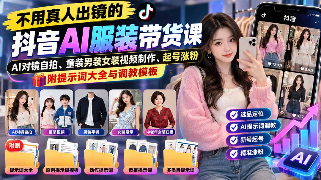 不用真人出镜的抖音AI服装带货课：AI对镜自拍、童装男装女装视频制作、起号涨粉，附提示词大全与调教模板-985网创
