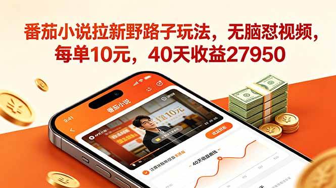 （18751期）番茄小说拉新野路子玩法，无脑怼视频，每单10元，40天收益27950-985网创