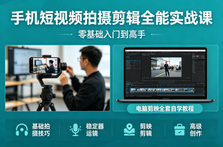 手机短视频拍摄剪辑全能实战课：零基础入门到高手，稳定器运镜+电脑剪映全套自学教程-985网创