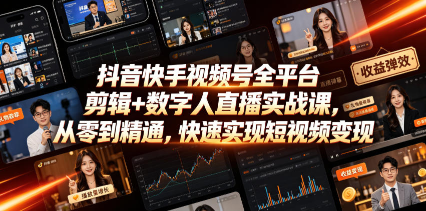 抖音快手视频号全平台剪辑+数字人直播实战课，从零到精通，快速实现短视频变现(更新2026年6月)-985网创