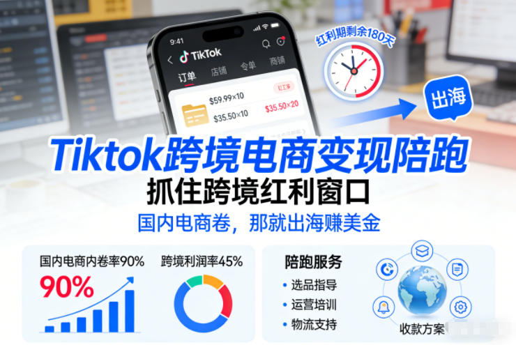 Tiktok跨境电商变现陪跑，抓住跨境红利窗口，国内电商卷，那就出海賺美金-985网创