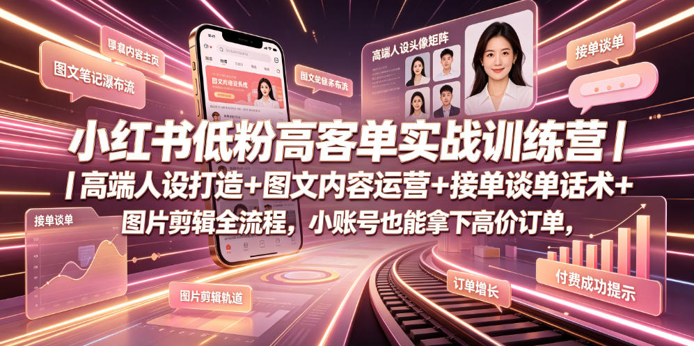 小红书低粉高客单实战训练营｜高端人设打造+图文内容运营+接单谈单话术+图片剪辑全流程，小账号也能拿下高价订单-985网创