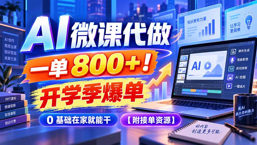 AI 微课代做，一单 800+！开学季爆单，0 基础在家就能干【附接单资源】-985网创