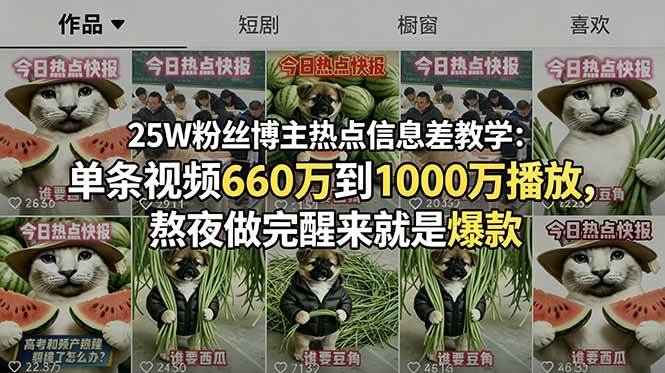 （18870期）25W粉丝博主热点信息差教学-更新：单条视频660万到1000万播放，熬夜做完醒来就是爆款-985网创