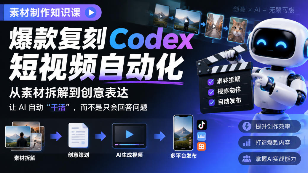 素材制作知识课，爆款复刻Codex短视频自动化，从素材拆解到创意表达，让AI自动“干活”，而不是只会回答问题-985网创