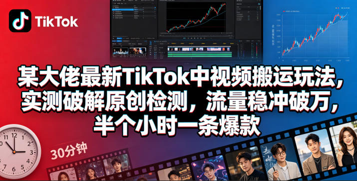 某大佬最新TikTok中视频搬运玩法，实测破解原创检测，流量稳冲破万，半个小时一条爆款-985网创