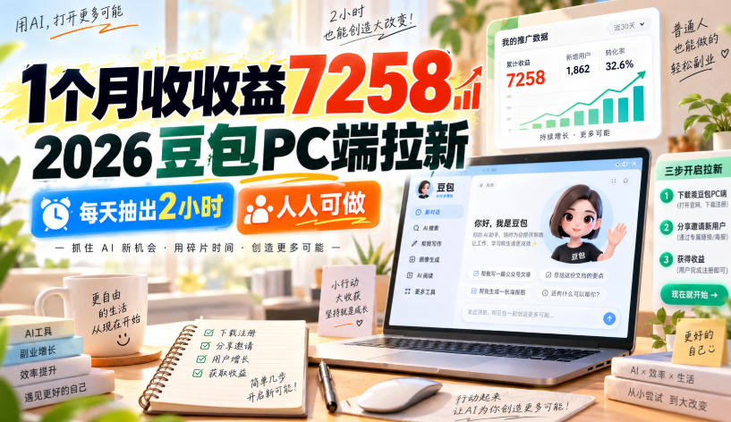 1个月收收益7258，2026豆包PC端拉新，每天抽出2小时，人人可做-985网创