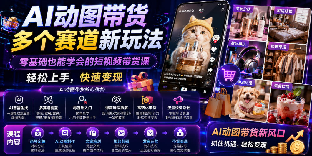 AI动图带货多个赛道新玩法，零基础也能学会的短视频带货课，轻松上手，快速变现-985网创