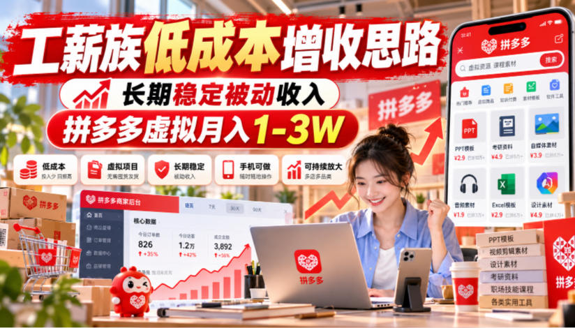工薪族低成本增收思路，长期稳定被动收入，拼多多虚拟月入1-3W-985网创