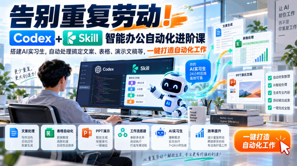 告别重复劳动！Codex+Skill智能办公自动化进阶课｜搭建AI实习生，自动处理搞定文案、表格、演示文稿等，一键打造自动化工作-985网创