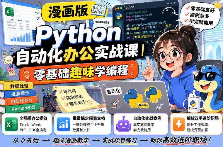 漫画版Python自动化办公实战课｜零基础趣味学编程，全场景办公提效、批量搞定报表文档、解放双手进阶职场-985网创