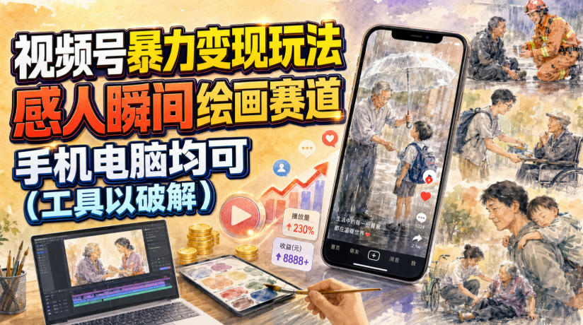 视频号暴力变现玩法，感人瞬间绘画赛道，手机电脑均可-985网创