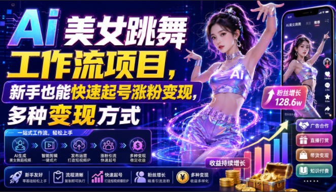 Ai美女跳舞工作流项目，新手也能快速起号涨粉变现，多种变现方式-985网创