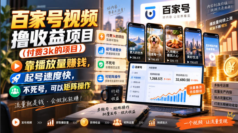 百家号视频撸收益项目(付费3k的项目)，靠播放量賺钱，起号速度快，不死号，可以矩阵操作-985网创