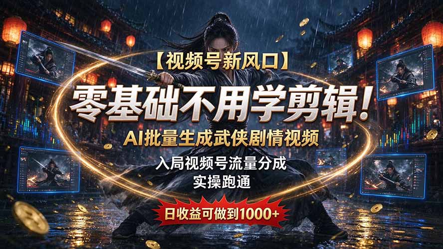 【视频号新风口】零基础不用学剪辑！AI 批量生成武侠剧情视频，入局视频号流量分成，实操跑通，日收益可做到 1000+-985网创