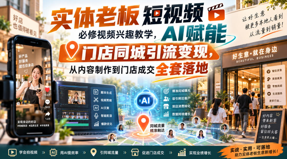 实体老板短视频必修视频兴趣教学，AI赋能门店同城引流变现，AI+短视频+直播打爆实体客流量-985网创