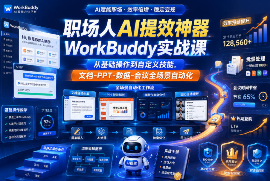 职场人AI提效神器WorkBuddy实战课，从基础操作到自定义技能，文档-PPT-数据-会议全场景自动化-985网创