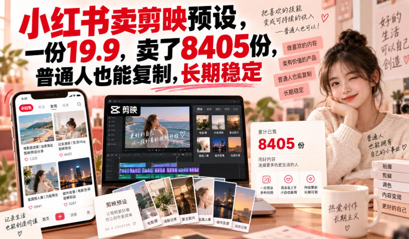 小红书卖剪映预设，一份19.9，卖了8405份，普通人也能复制，长期稳定-985网创